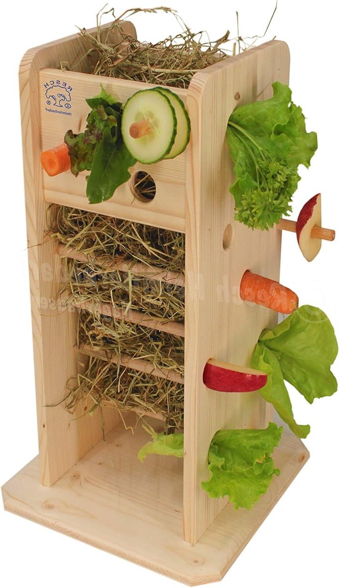 Voedertoren Knaagdier - Houten Snackhuis - Dieren Voeden - Twee Zijden Toegang - 24.5 x 40 x 24.5 cm - Natuurlijk