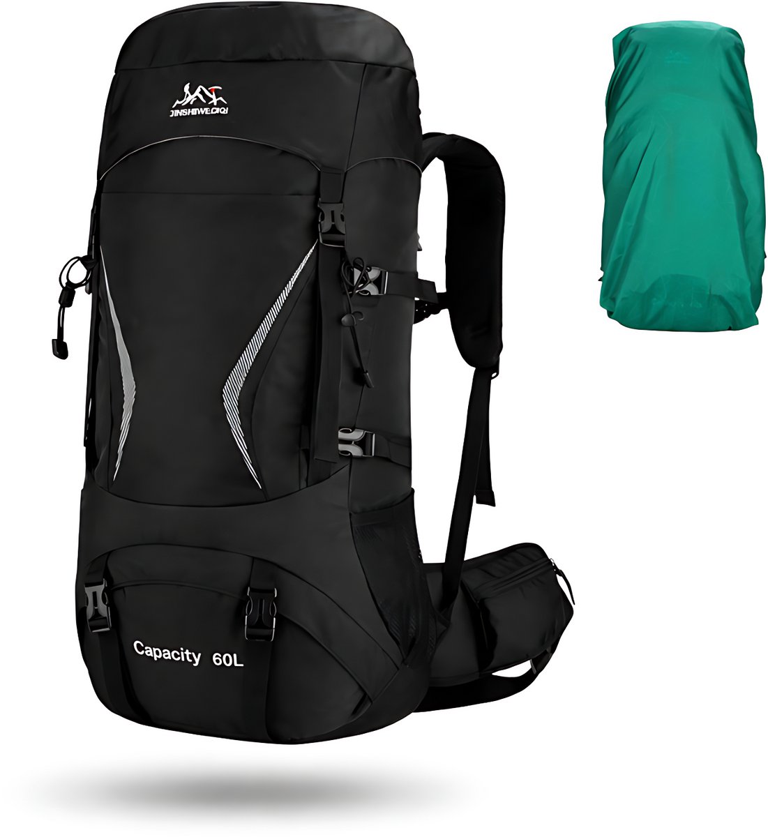 CarryQuest® 60L Wandelrugzak - Waterdichte Hiking Backpack met Regenhoes, Drinksysteem, Schoenopbergvak & Heupvakken - Zwart