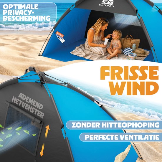 ELONEO Pop-up Strandtent UV-bescherming 80+, Lichtgewicht en compact inkl. draagtas, Strandzonwering & windbescherming voor baby’s en volwassenen - XL Blauw van ELONEO — afbeelding 2