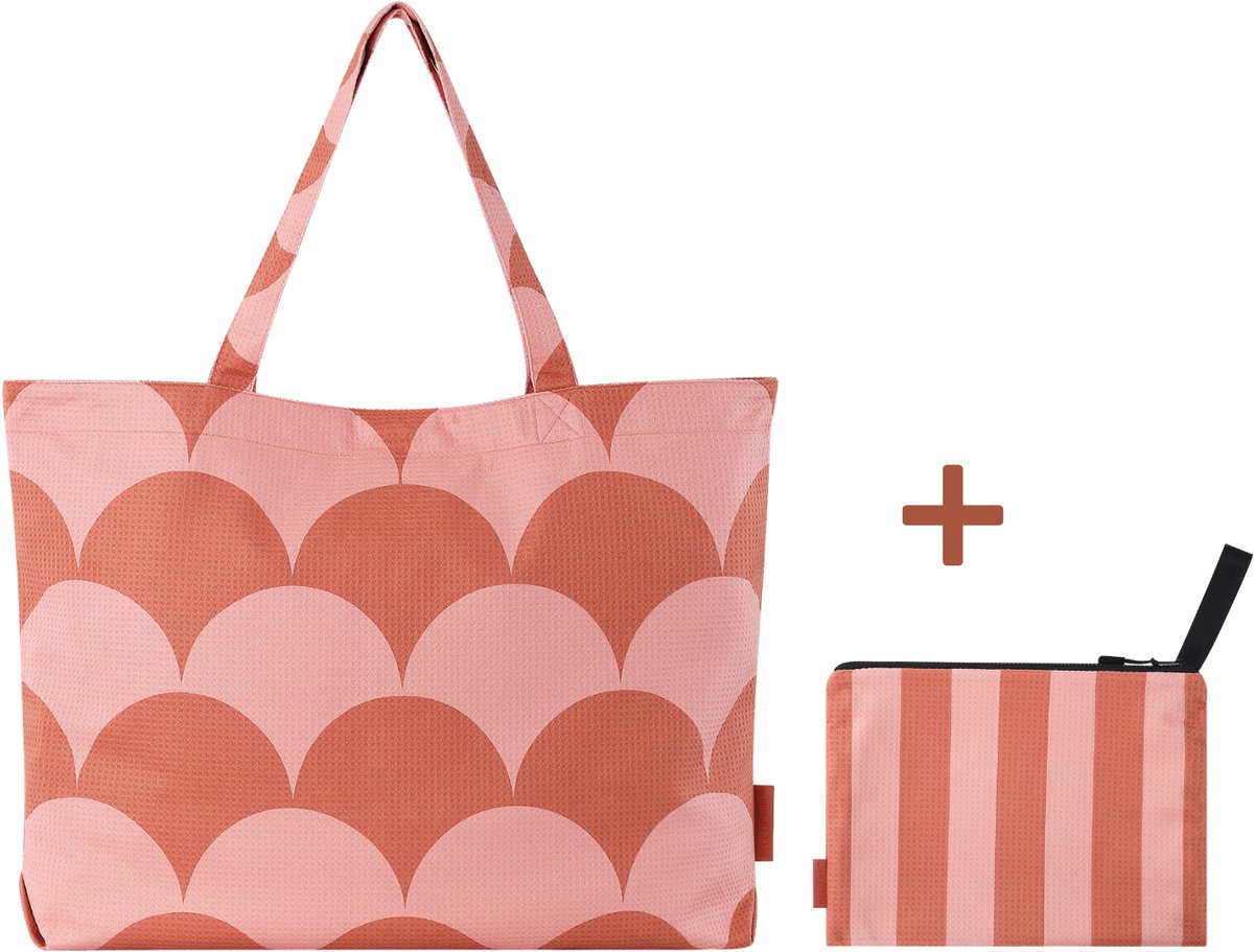 PIECE OF SUN® - Luxe Duurzame Strandtas + Beach Pocket – Terracotta Beige – Grote Strandtas met Drukknoop – Microvezel 85% Gerecycled – Lichtgewicht & Sterk – Strand, Sauna & Vakantie – Cadeau Vrouwen