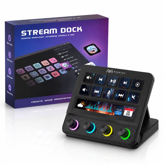 Movatrix Stream Dock N4 Pro – Stream Deck & Macro Keyboard – Programmeerbare Streaming Controller voor OBS, Twitch, YouTube & Editing – USB RGB Macro Pad