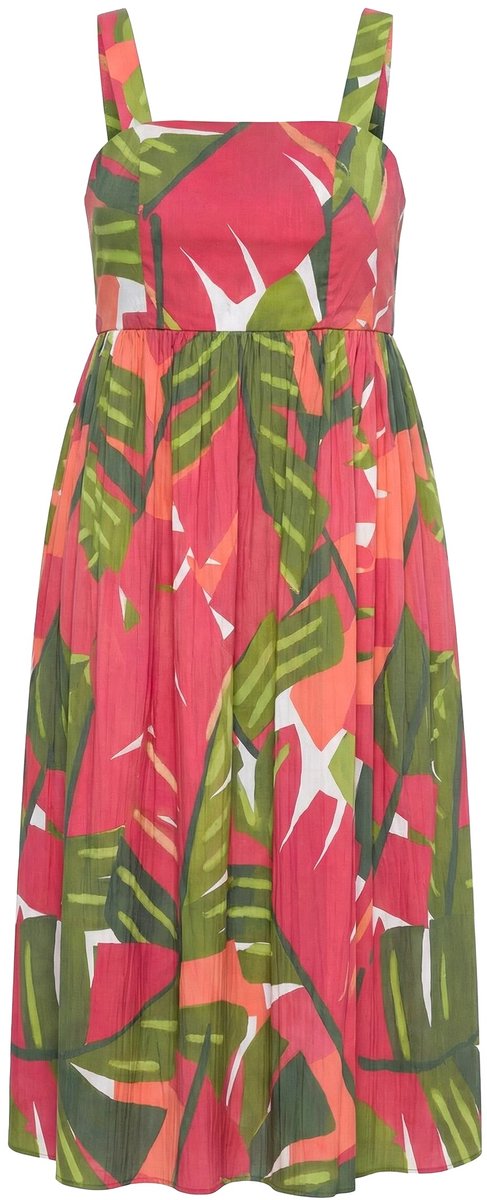 Ulla Popken - Dames - Maxi-jurk palmbomen gesmokte rug mouwloos - Roze - Maat 54+