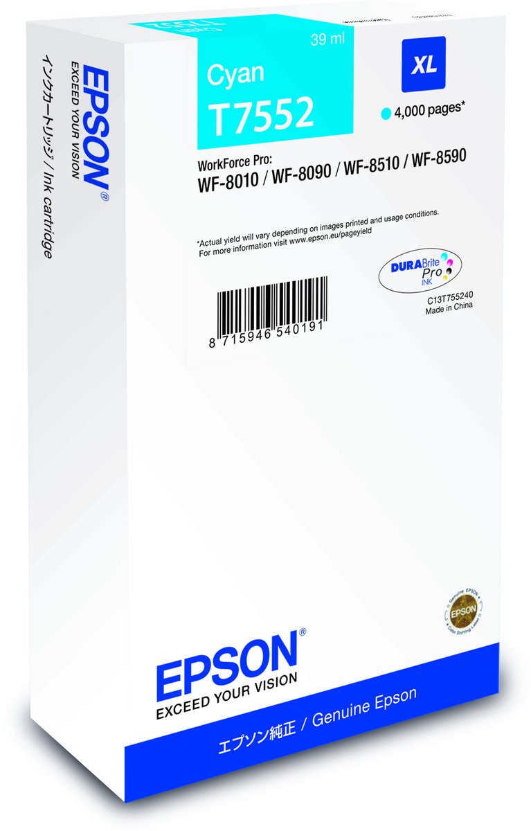 Epson C13T75524N inktcartridge 1 stuk(s) Origineel High (L) Yield Cyaan