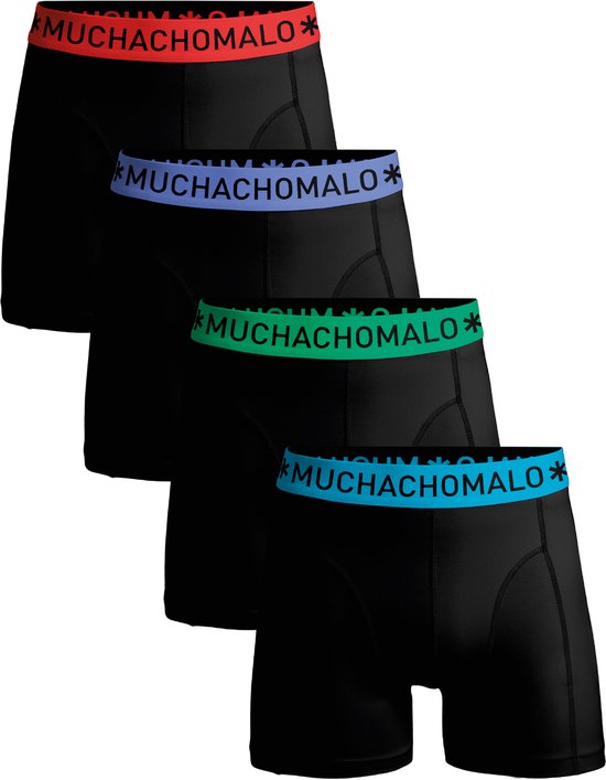 Vier zwarte Muchachomalo boxershorts met gekleurde tailles. Rood, paars, groen en blauw.