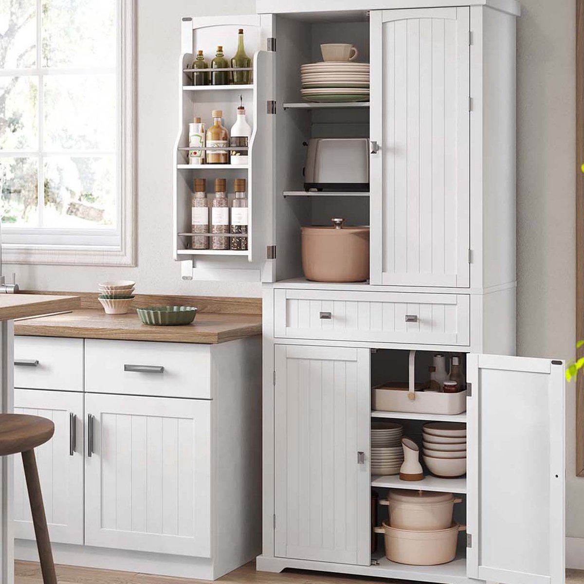 Keukenkast 40 x 76 x 182,1 cm Wit, Badkamerkast Vrijstaand, Opbergkast met 6 Deuren, 4 Verstelbare Planken en Lade, Keukenmeubel met Extra Grote Opbergruimte, Dressoirkast, Multifunctionele Kast voor Keuken, Woonkamer en Eetkamer — cadeau in Cadeau-ideeën - foto 7