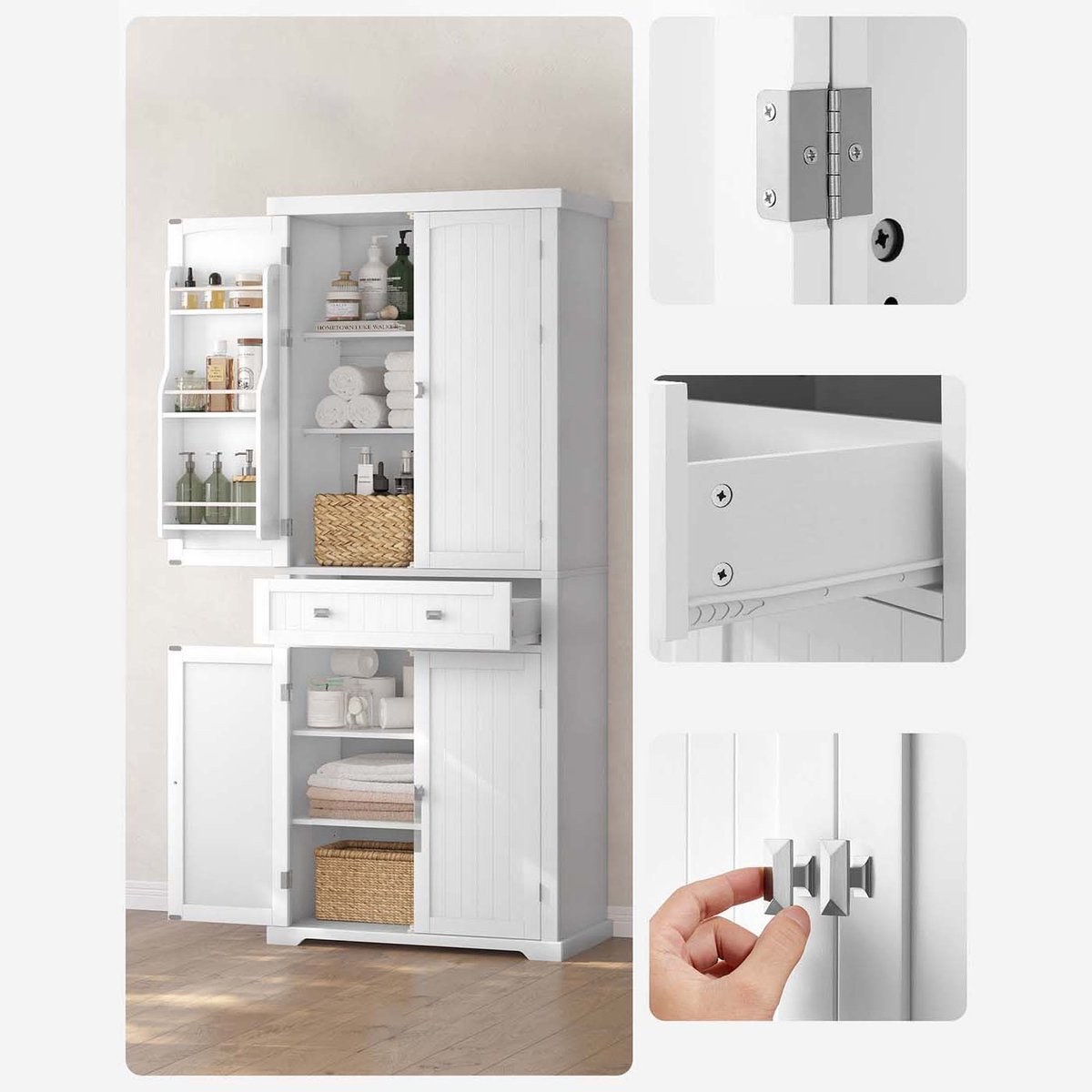 Keukenkast 40 x 76 x 182,1 cm Wit, Badkamerkast Vrijstaand, Opbergkast met 6 Deuren, 4 Verstelbare Planken en Lade, Keukenmeubel met Extra Grote Opbergruimte, Dressoirkast, Multifunctionele Kast voor Keuken, Woonkamer en Eetkamer — cadeau in Cadeau-ideeën - foto 5