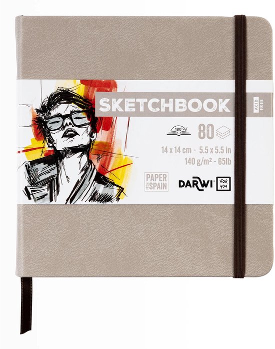 Taupe schetsboek met bruine elastische band. Voorflap met tekening van persoon, "SKETCHBOOK" en "ACID FREE".