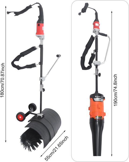 Elektrische Veegmachine - Motorbezem Sneeuwveger - Buitenruimte Reinigen - 2-in-1 Functie - 180 cm Lengte - Zwart Rood Oranje — afbeelding 5