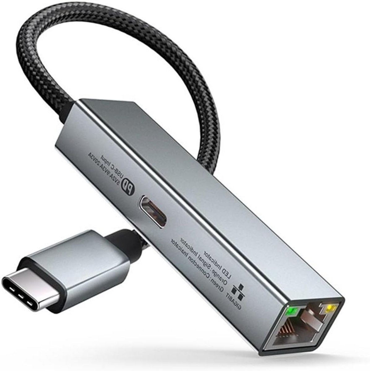 Netwerkkaart met Opladen - USB C Adapter - Stabiel Internet - PD 60W Opladen - 1000Mbps Gigabit - Grijs