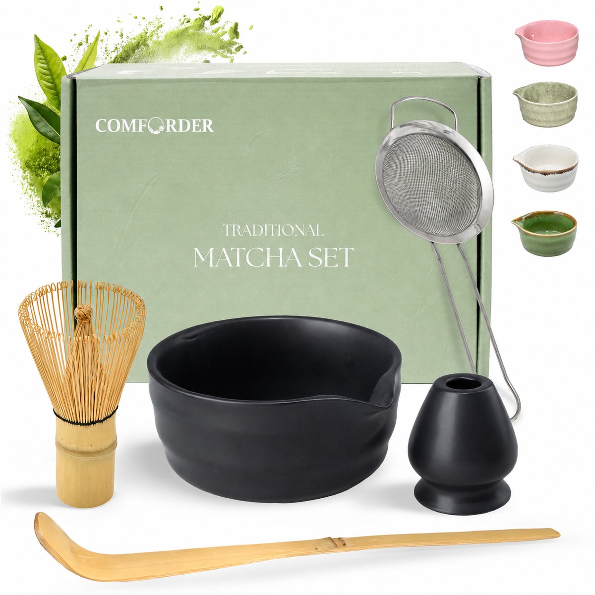 Comforder Matcha Set - Starterkit met Whisk Klopper en Kom - Thee Set Zwart