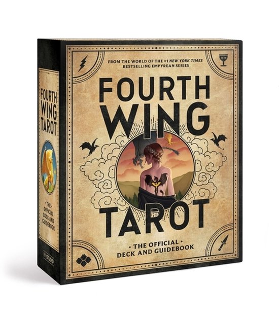 Coffret Fourth Wing Tarot avec illustration d'une femme tatouée d'un dragon devant un coucher de soleil.