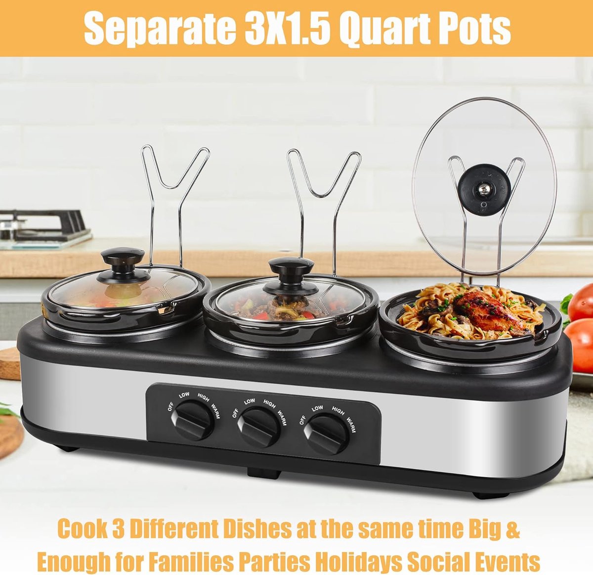 Triple Slow Cooker - Buffet Server - Feestelijke Maaltijden - Drie Aparte Pannen - 3x 1.5 Liter - Zilver – foto 6