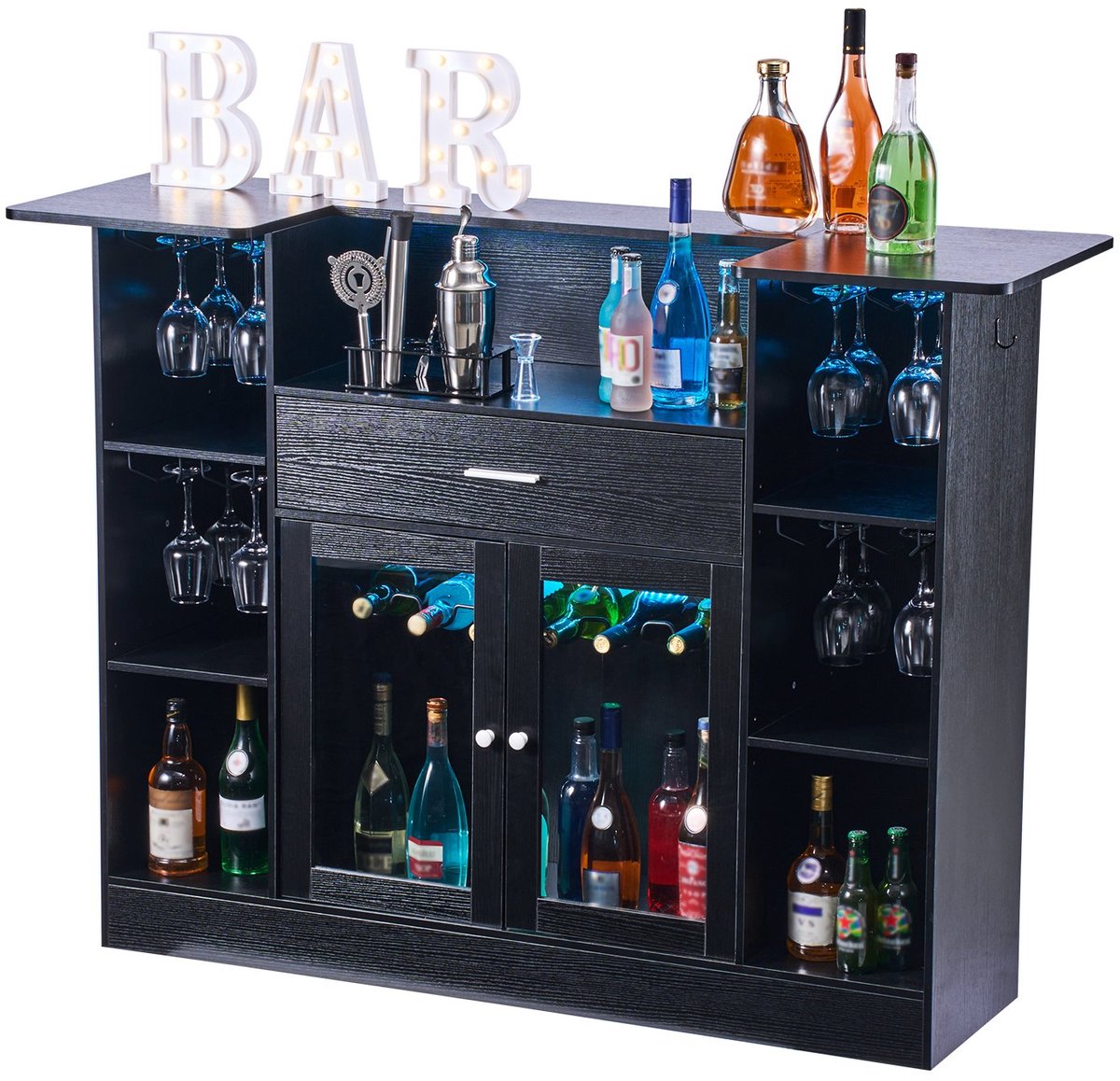 Thuisbar houten barmeubel - 4-laags bar - Flessenrek - Wijnglazenhouder - LED verlichting - Ruime opbergruimte - 181,4 kg draagvermogen - 150 x 46 x 110 cm