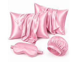 Soft & Silky Satijnen Kussensloop set van 2 – Incl. bonnet en slaapmasker – 60×70 cm – Slaapmuts – Krullen – Satijn – Moerbij – Zijden – Beauty – Zachte – Satin – Roze