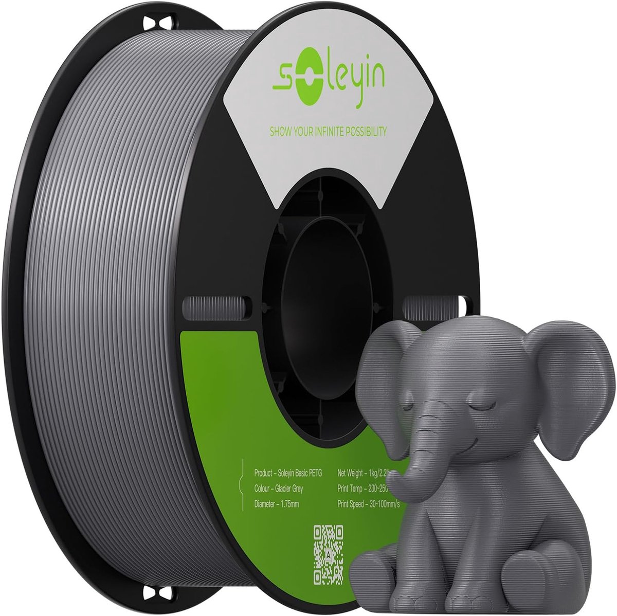 Creality Soleyin Basic PETG Filament - grijs - 3D Printer Filament - 1,75 mm - 1 kg - sterke en taaie glansafwerking - filament 3d printer - PETG is sterker en hittebestendiger - Eindproduct kan buiten in vochtige omstandigheden worden geplaatst