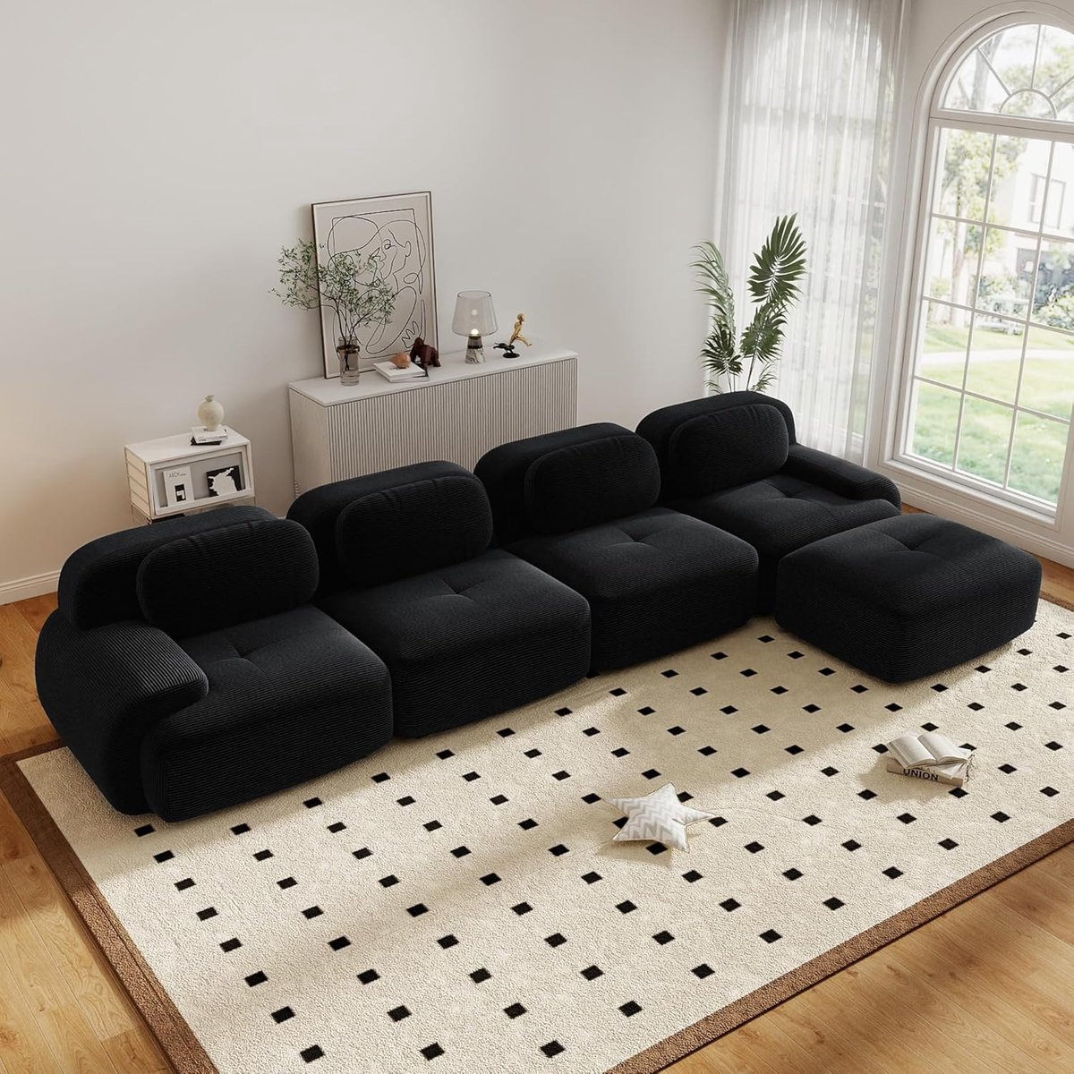 Zubaliya Moderne Hoekbank, L-Bank, 4-Zitsbank, Moderne 388 cm Brede, Converteerbare Hoekbank met Voetenbank, L-vormige Modulaire Corduroy Bank, Compacte Bank voor 4-6 Personen voor de Woonkamer, Extra Diepe Zitting, Geen Montage Nodig-Zwart
