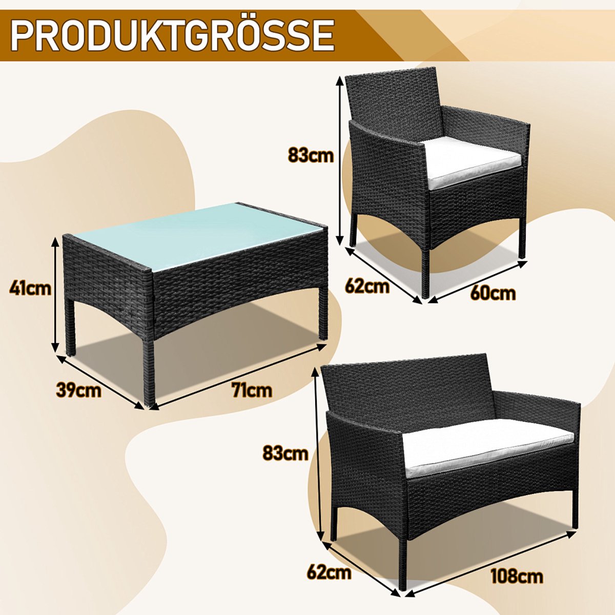 Tuinset-Tuinmeubelset van 4- Luxueus Rotan Fauteuil Balkonmeubilair -(TWEEPERSOONSBANK - 1x SALONTAFEL - 2x EENPERSOONSBANK)-Zwart.