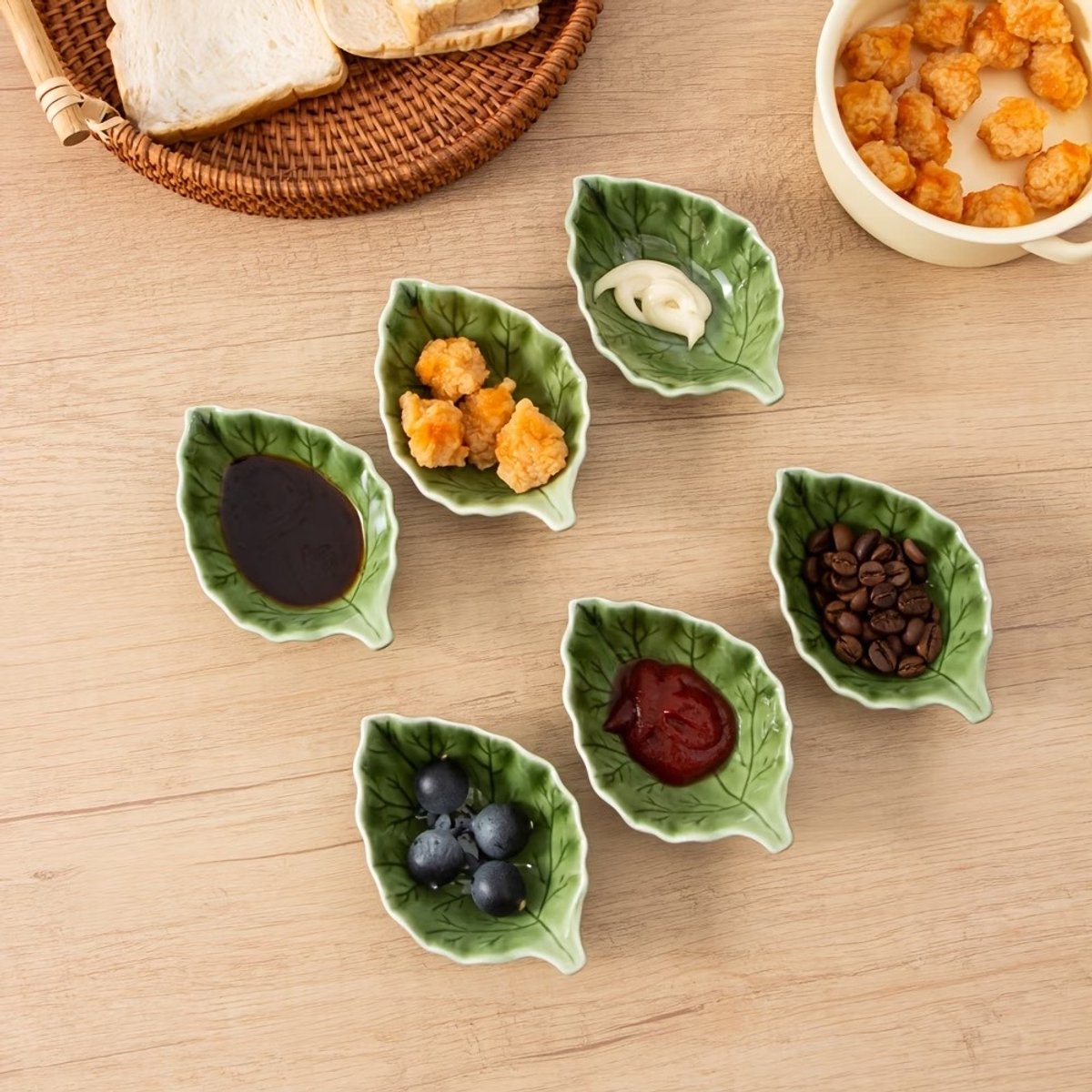 6 stuks, 40ml/1.35oz Keramische Dipping Sauce Schalen, Leuke Groene Blad Sojasaus Kommen