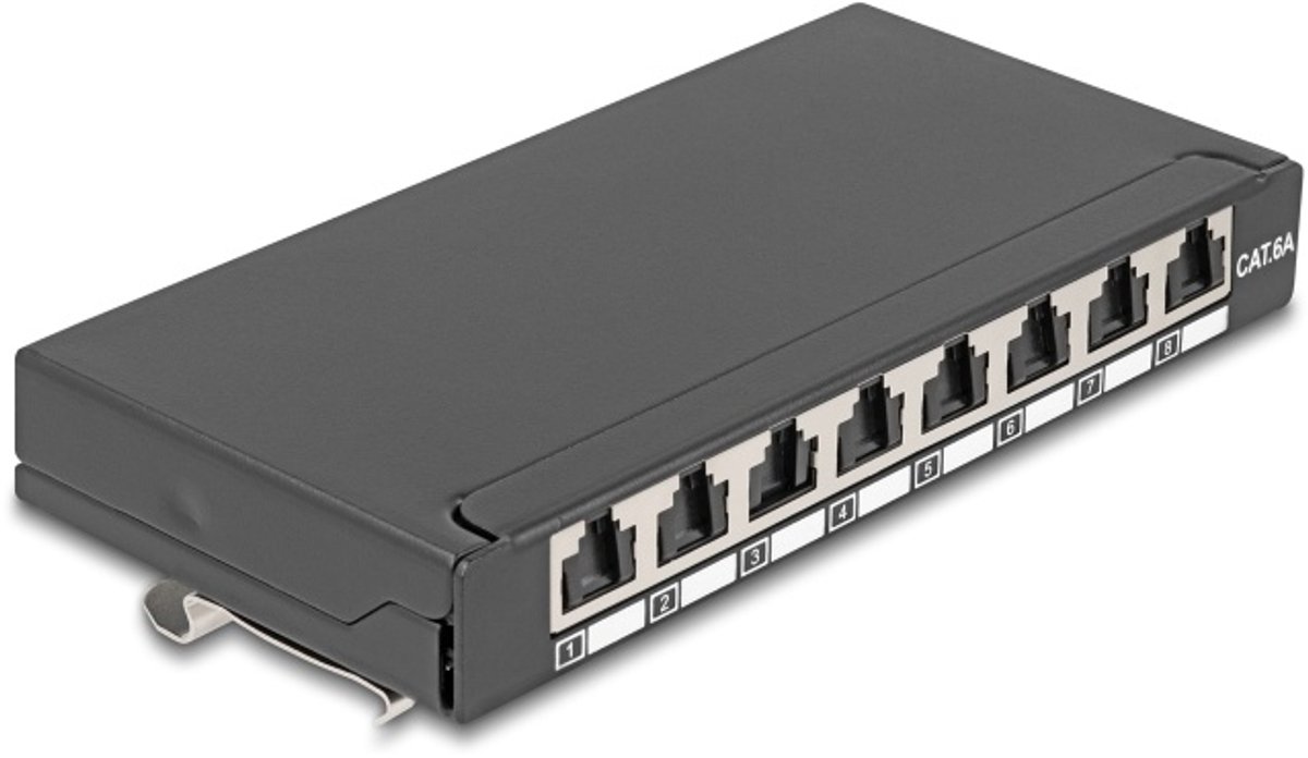 Image of Delock Mini Desktop Patch Panel RJ45 jack 8 port Cat.6A shielded black - for mounting on a table, wall or DIN rail