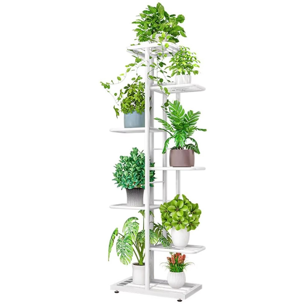 Turold Plantenrek - Plantenstandaard - Plantentrap - Plantenetagere - 7 Laags/8 Bloempotten, Metalen, Binnen & Buiten, Wit