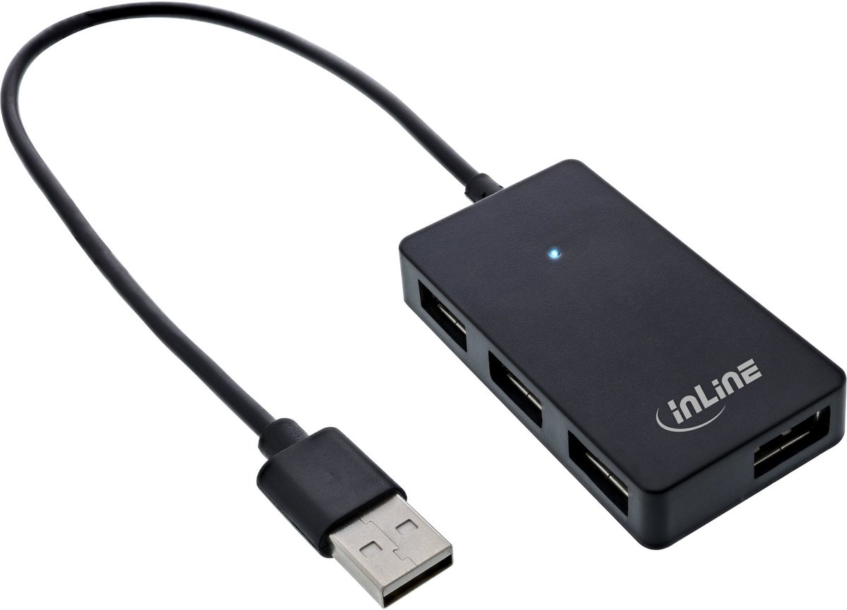 InLine® USB 2.0 hub, 4 poorten, zwart, met USB DC-kabel, kabel 30cm