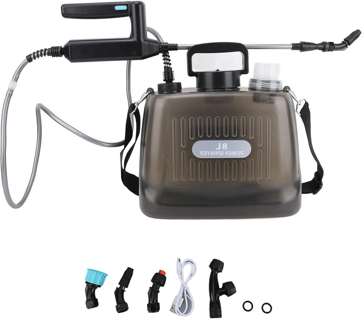 Draagbare 8L Accu Spuit met 4 Spuitmonden, Oplaadbare USB Handgreep en Uittrekbare Steel voor Onkruidbestrijding en Tuinbewatering