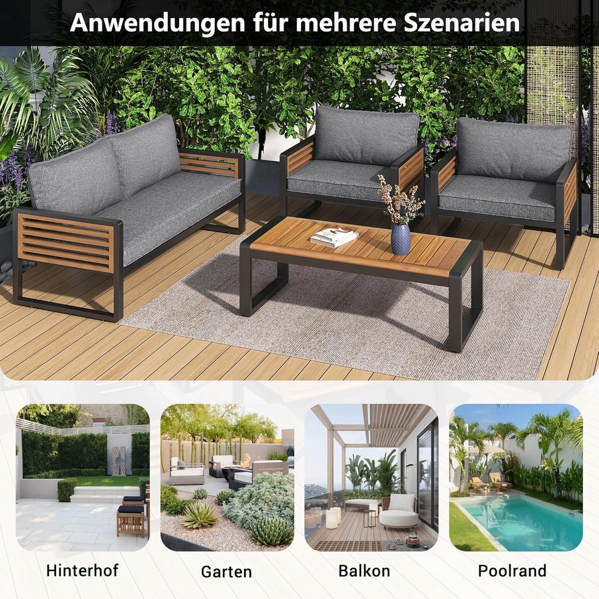 Gartenlounge Set 8-delig 115x60x64 cm – Luxe Tuinmeubel Set met 2x 2-Zitsbanken, 4 Stoelen, 2 Tafels, Verzinkt Staal & Acaciahout – Grijs – HomebyNicole