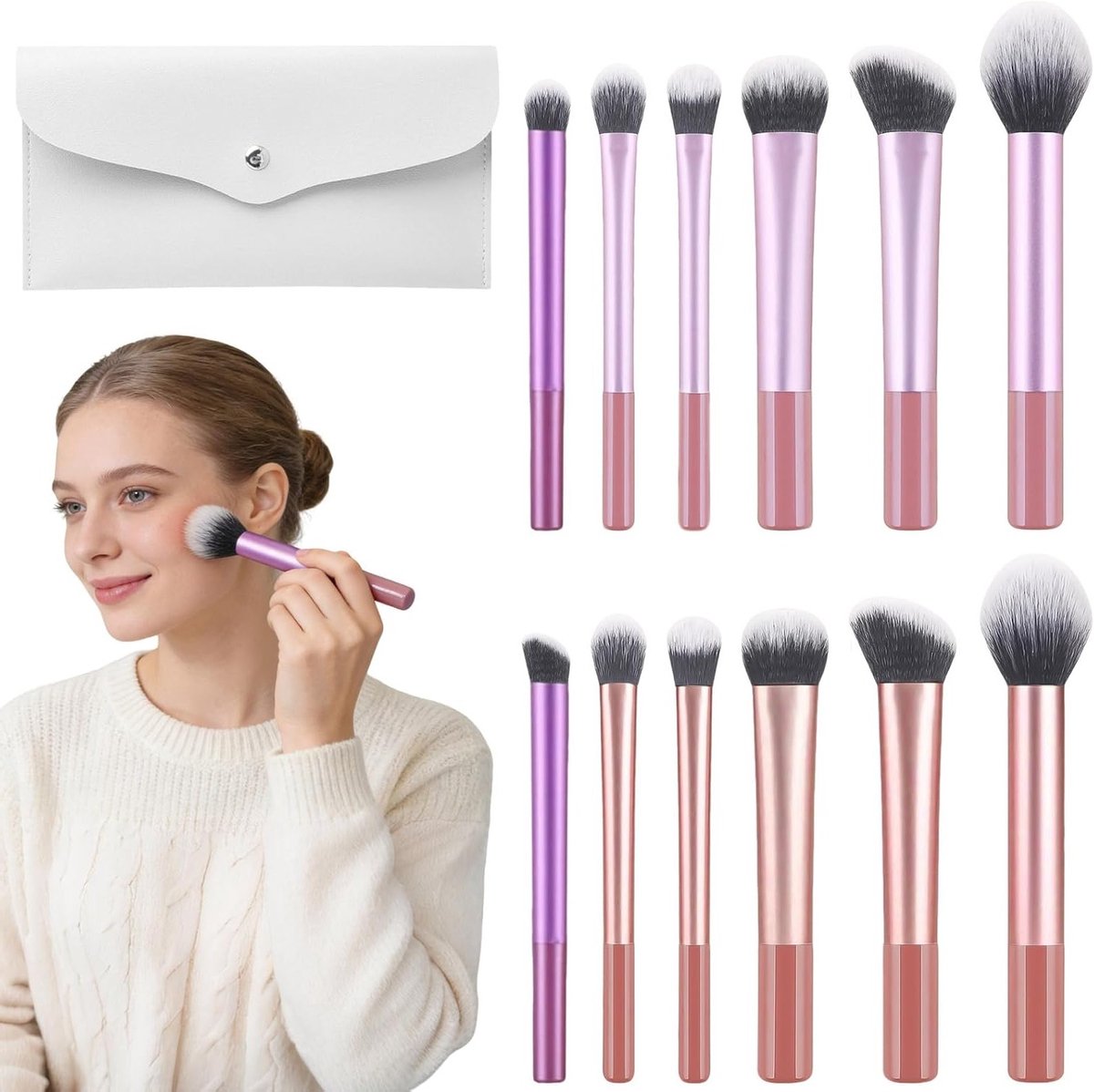 Complete Make-up Borstelset met 12 Stukken en Beauty Bag voor Perfecte Make-up, Geschikt voor Poeder, Crème en Vloeibare Foundations