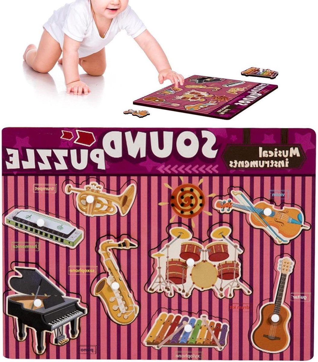 Muziekinstrumenten Puzzel - Houten Geluidspuzzel - Leren door Spelen - Interactief Geluid - 296 cm - Houtkleur