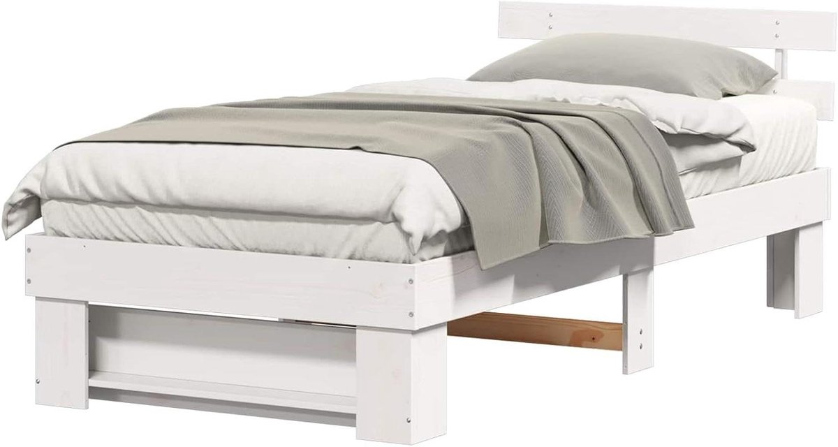 Bedframe met hoofdbord - Stevige bedombouw - Slaapkamer inrichten - Massief grenenhout - 90 x 190 cm - Wit