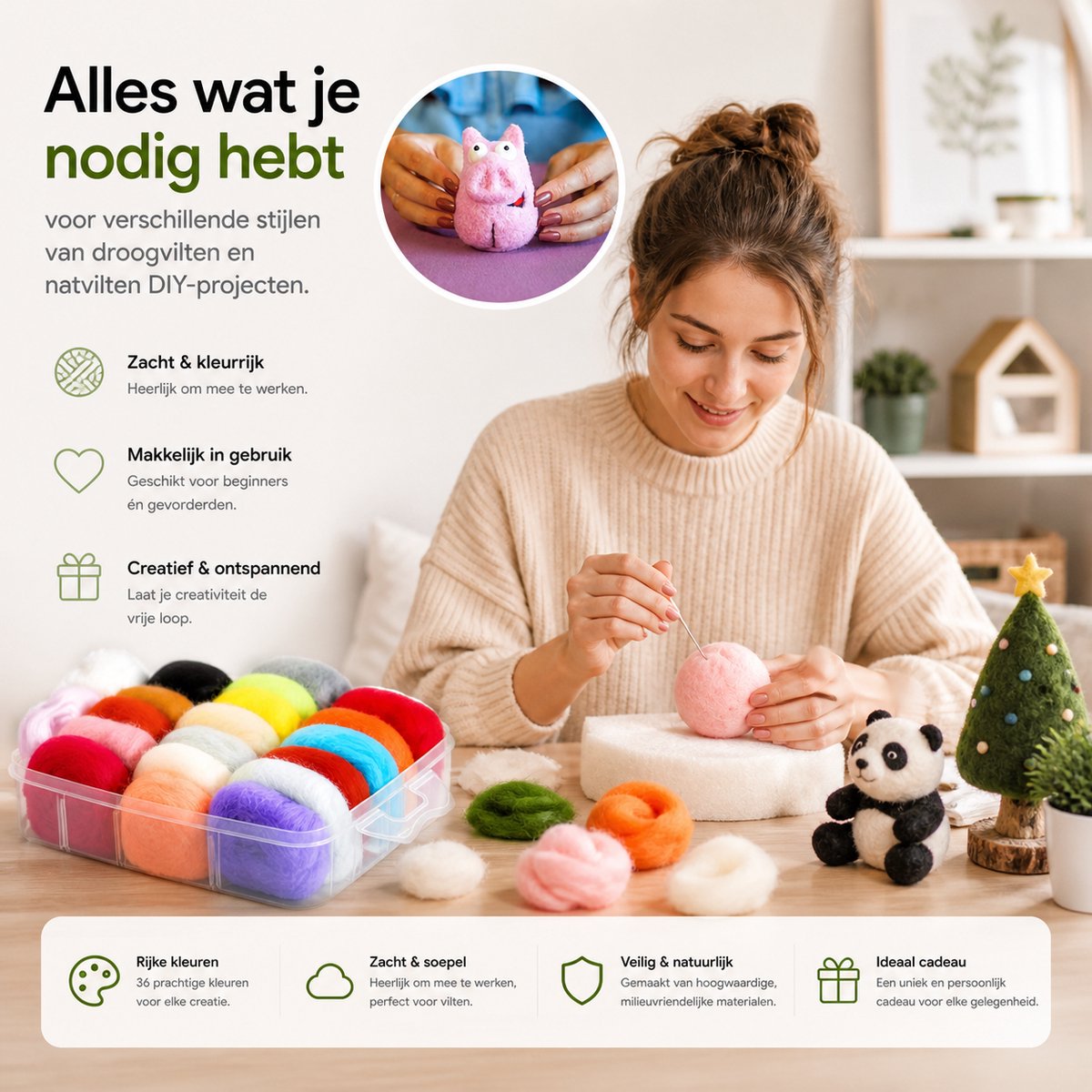 BOTC Naaldvilten - 64-Delig Starterset - 40 kleuren wol - Incl. Tools - Needle felting - Pakket - Gekaarde wol - Viltnaalden — afbeelding 2