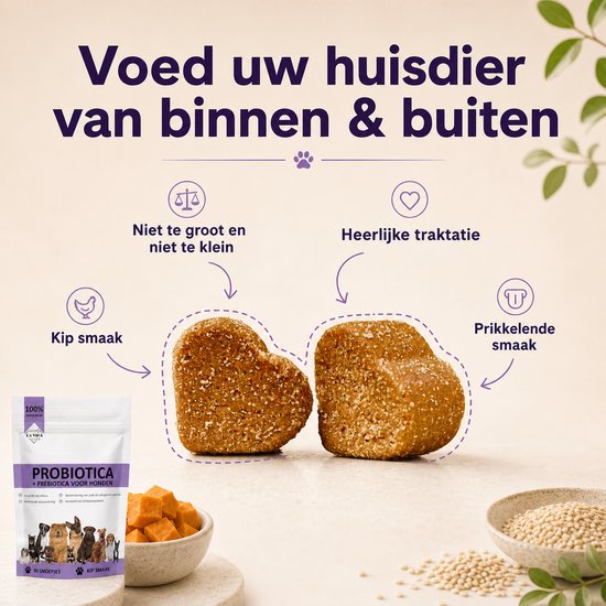 Twee hartvormige hondensnoepjes met tekst 'Kip smaak' en 'Prikkelende smaak'.