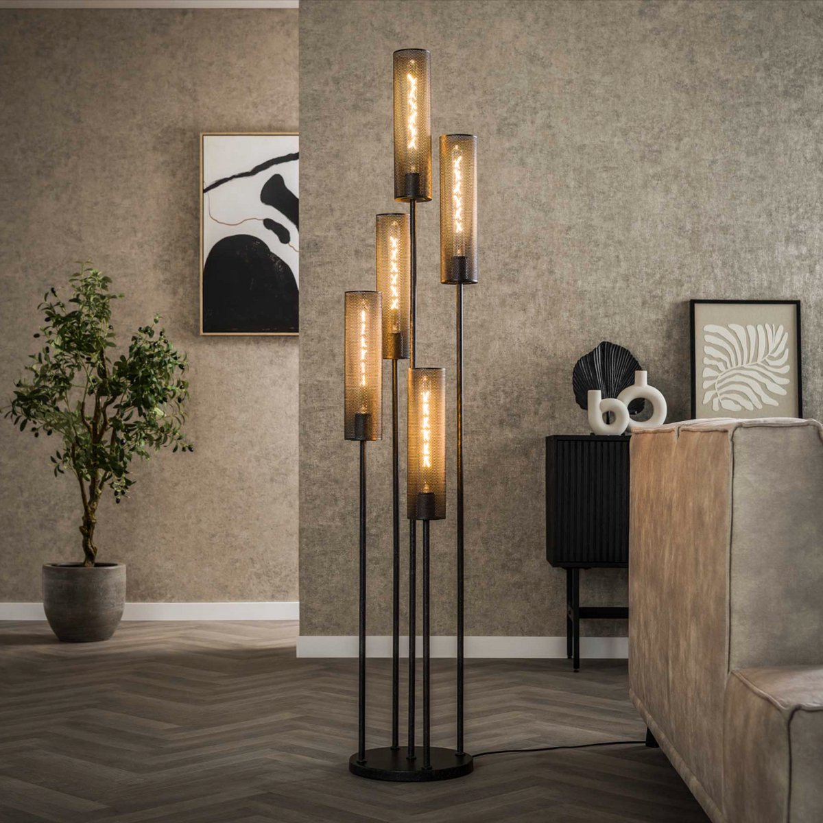 PS-Collection Vloerlamp Zwart Metaal - Tube Mesh Getrapt 5 Lichts - vloerlampen woonkamer, vloerlamp zwart, vloerlamp industrieel, vloer lamp, vloerlampen landelijk, staande lampen woonkamer, staande lampen, staande lamp industrieel