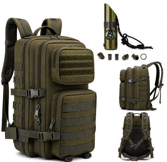 Olijfgroene tactische rugzak met survivalfluitje en accessoires. Inclusief 3 weergaven.