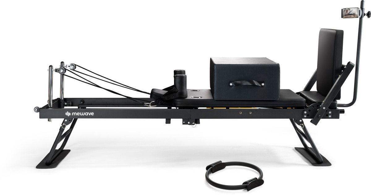BUNDEL: Mewave© Pilates Reformer PRO set – Reformer, Jumpboard, Box & Ring – Inklapbaar & Verstelbaar – Voor Thuis & Studio – Met Telefoonhouder & App met pilates workouts – Zwart