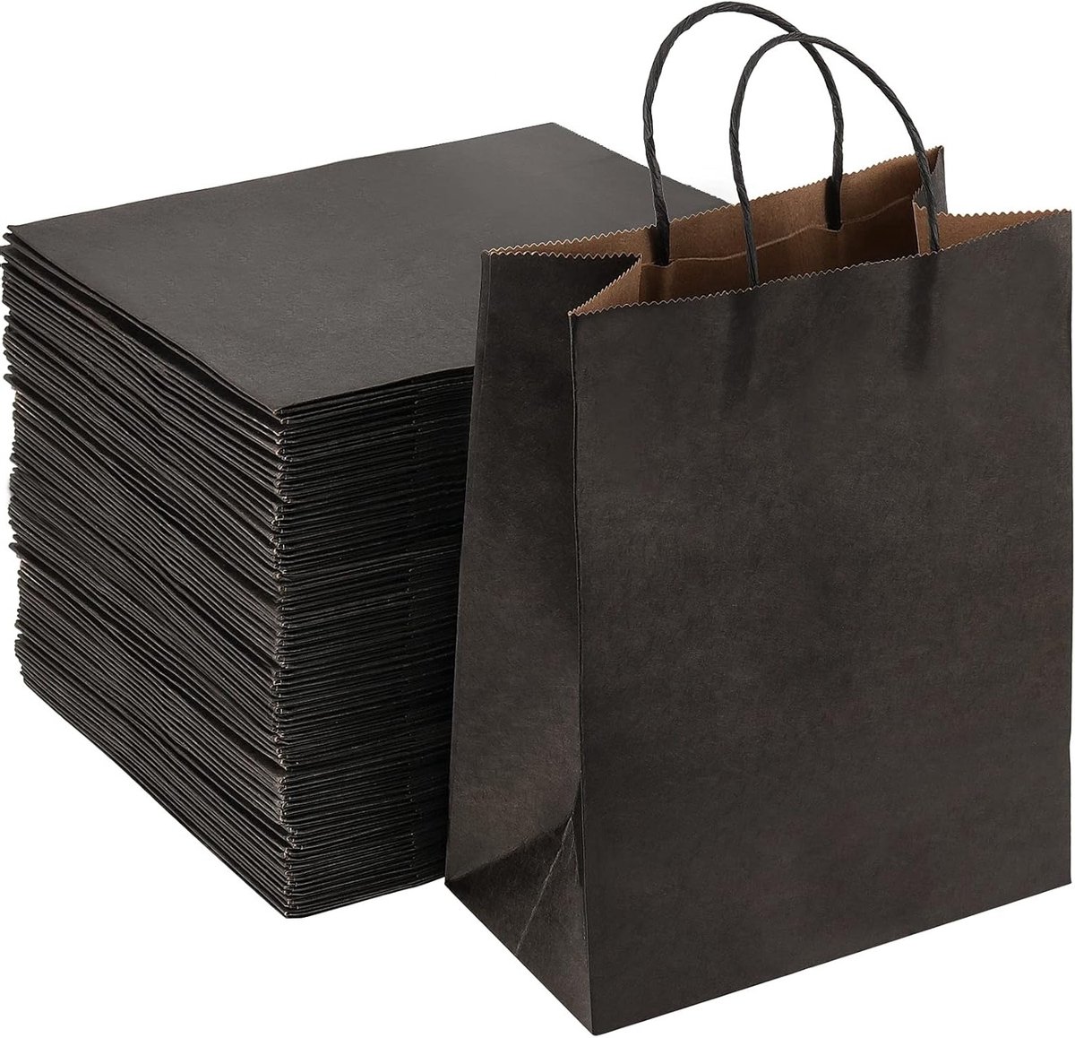 50 Stuks Zwarte Kraft Papieren Cadeauzakken 8.3 x 4.3 x 10.6 Inch met Handvatten voor Winkelen, Verpakking en Cadeaus