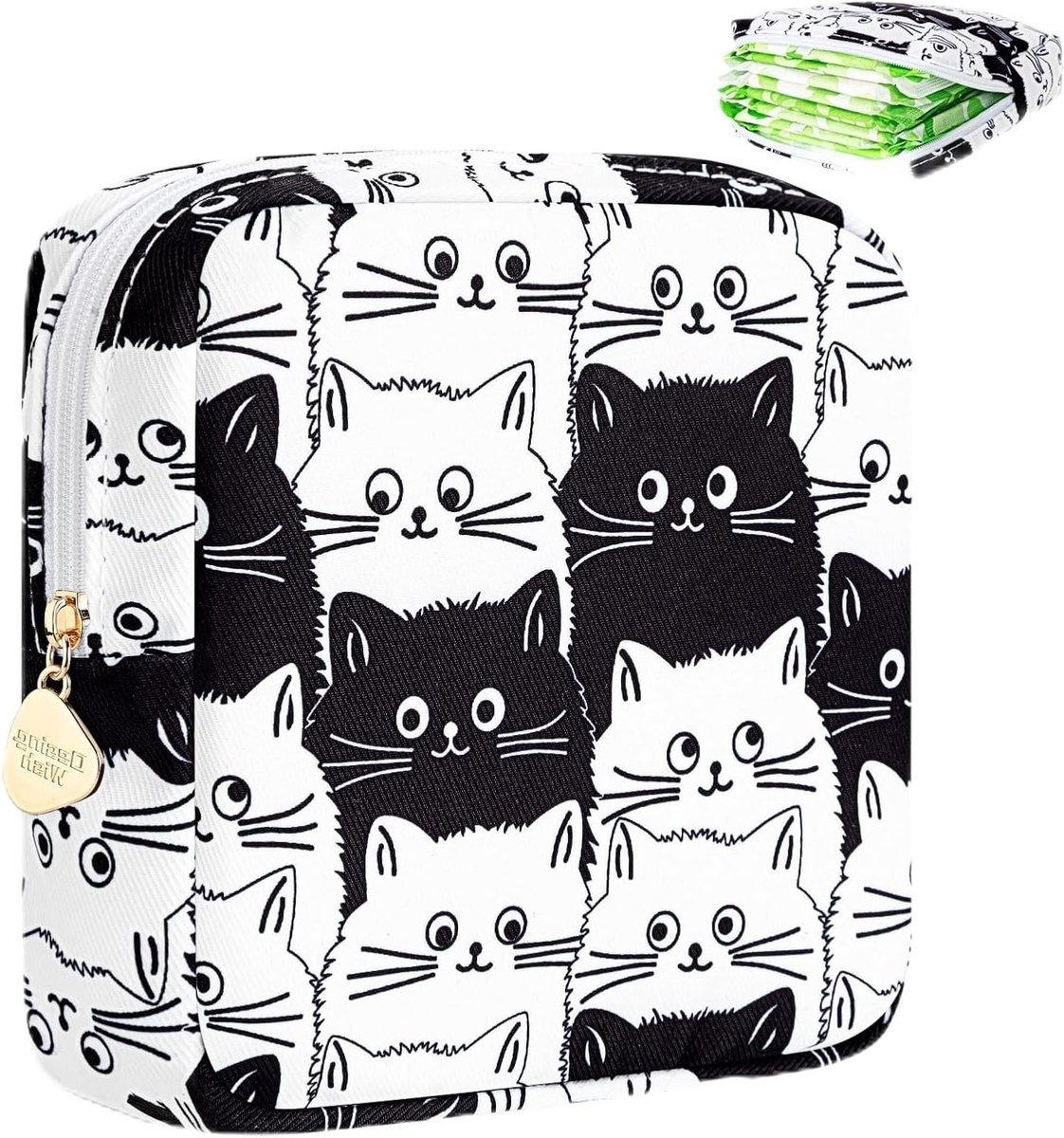 Dames Tas voor Menstruatie en Make-up - Compacte Zipper Bag voor Tampons en Accessoires, Zwart Kat Design