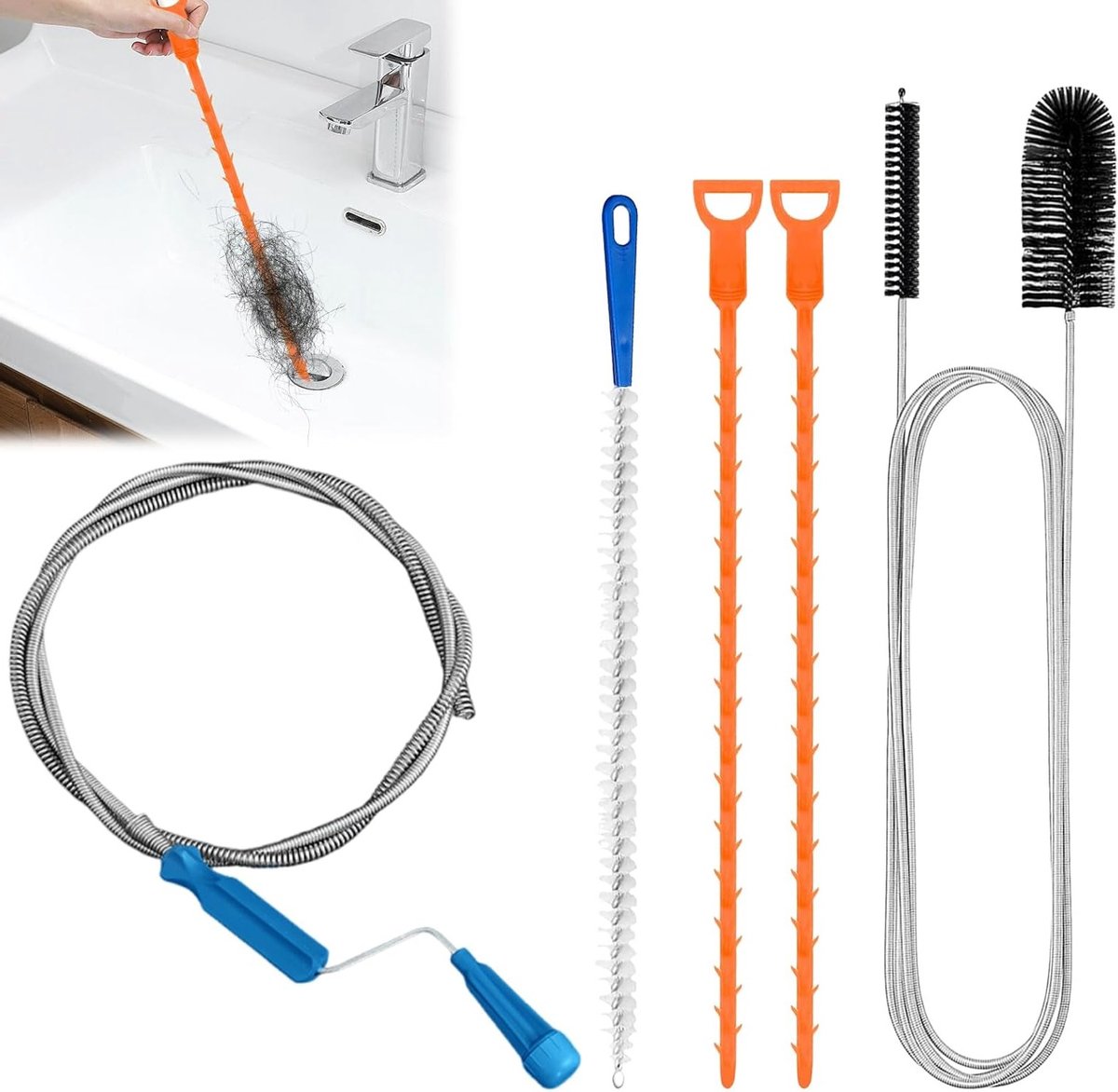 Set van 5 Afvoerreinigers, Spiralen en Borstels voor Keuken en Douche, 170 cm en 155 cm, Effectieve Afvoerreiniging en Ontstoppen