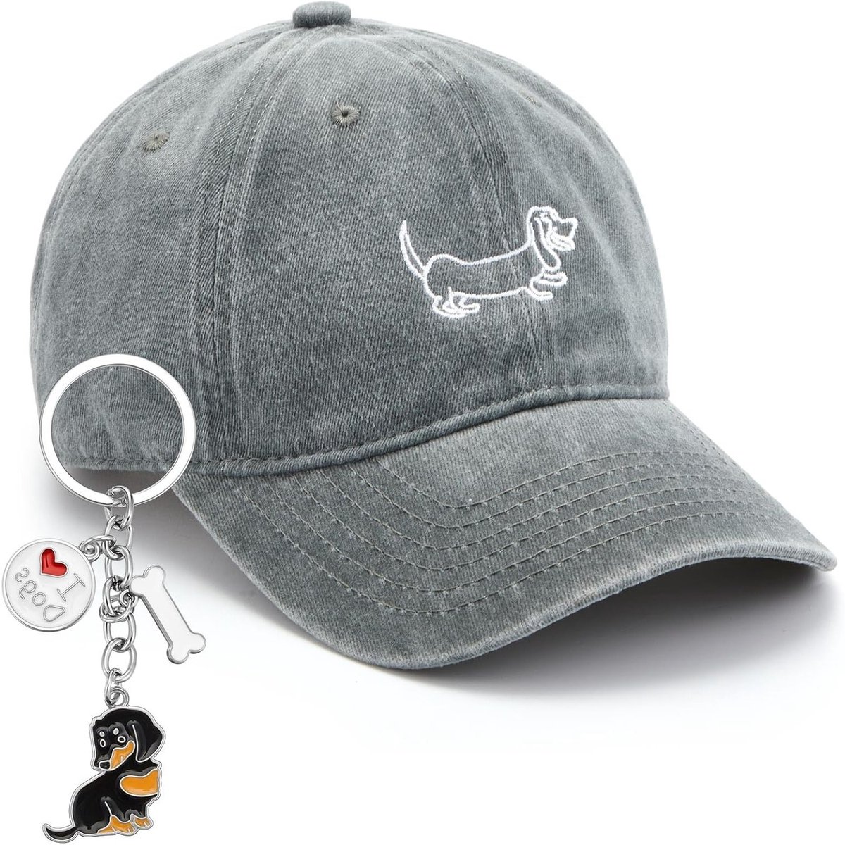 Teckel Cadeauset voor Hondenliefhebbers - Vintage Geborduurde Baseball Pet en Sleutelhanger - Verstelbare Maat