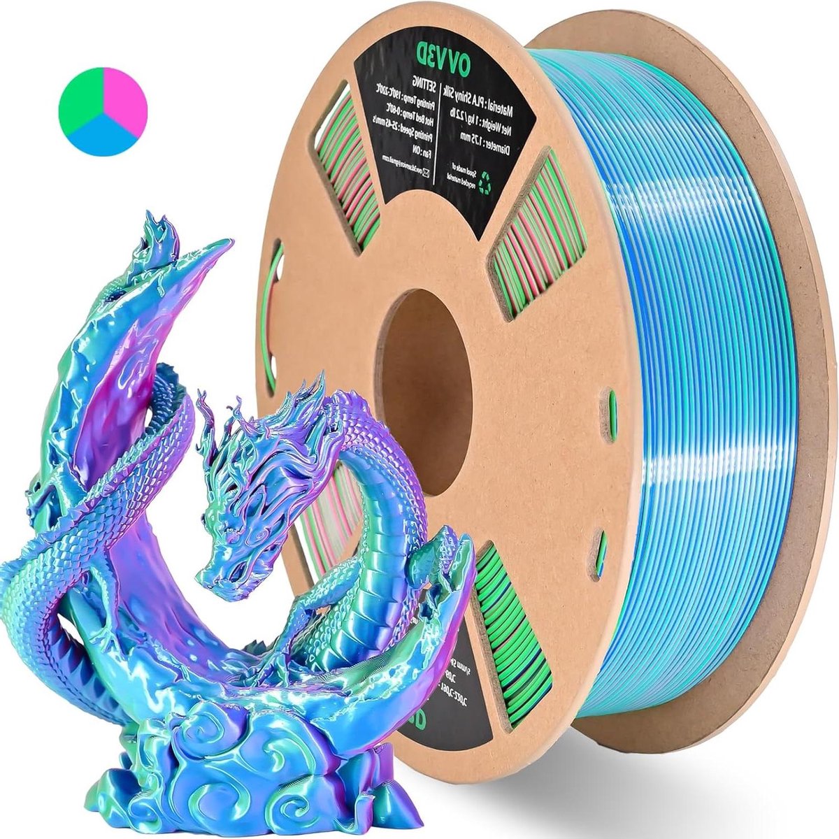PLA Filament - 3D Print Materiaal - 3D Printen - Zijdeglans Afwerking - 1.75mm 1kg - Driekleurig