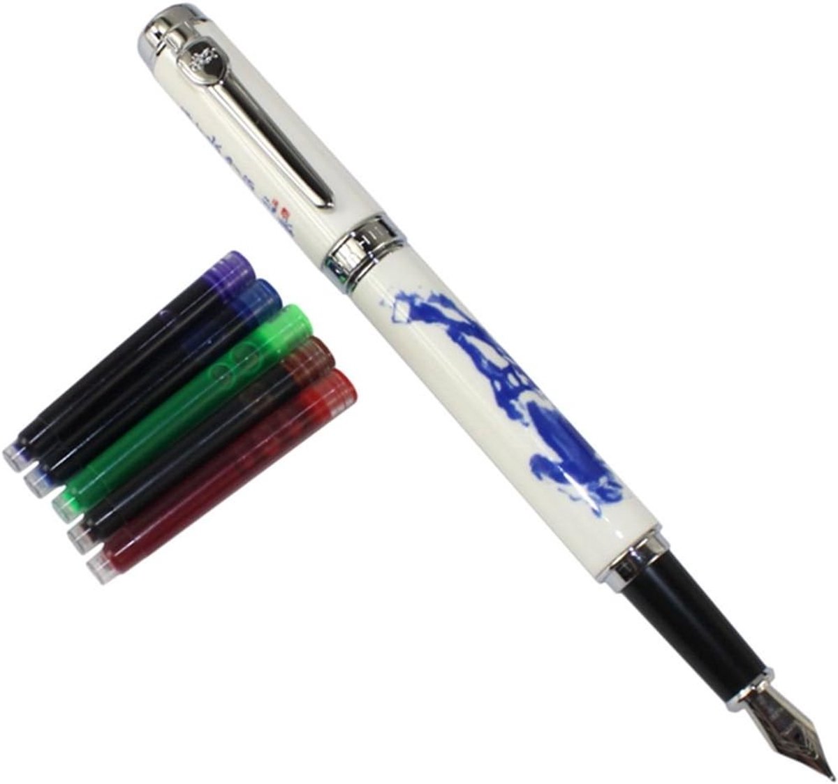 Elegante blauwe en witte porseleinen paardenpen met geschenkdoos en inktcartridges voor schrijfliefhebbers