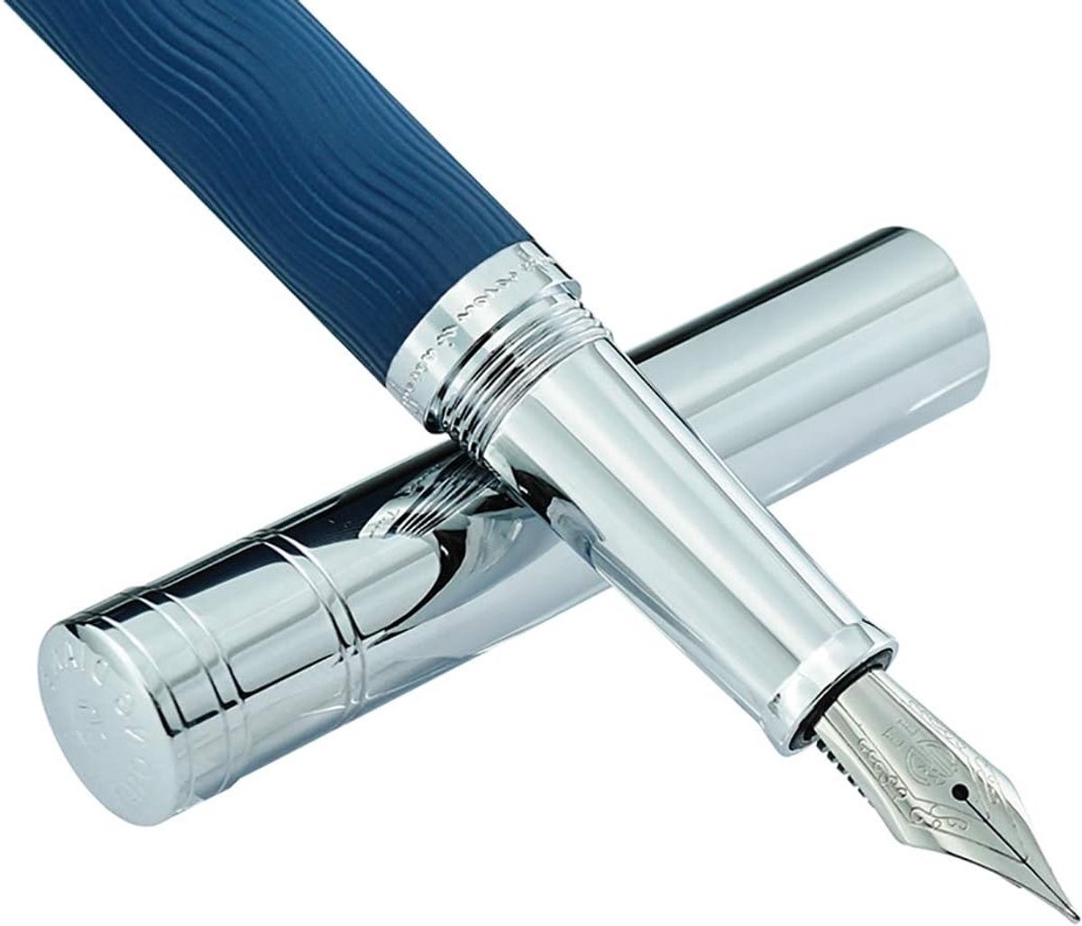 Elegante vulpen met extra fijne nib, solide metaal, blauw golfpatroon, oplaadbare converter en luxe metalen etui voor schrijfliefhebbers