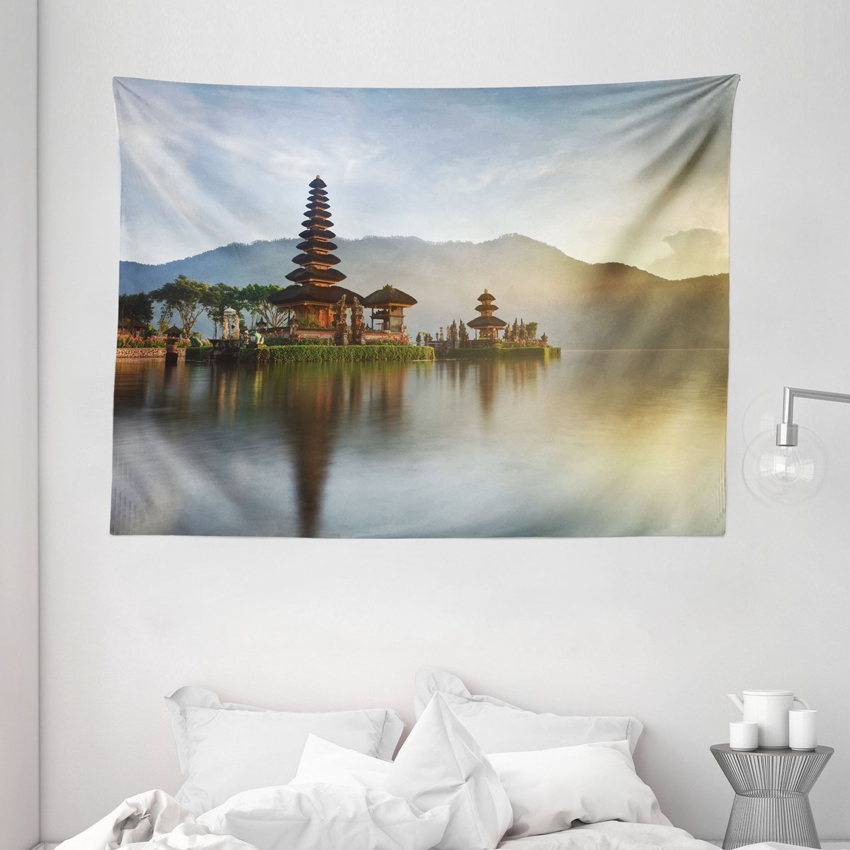 ABAKUHAUS Balinese wandtapijt en sprei, Pura Ulun Danu-gebouw Azië, 150 x 110 cm, beige bruin Beigebruin