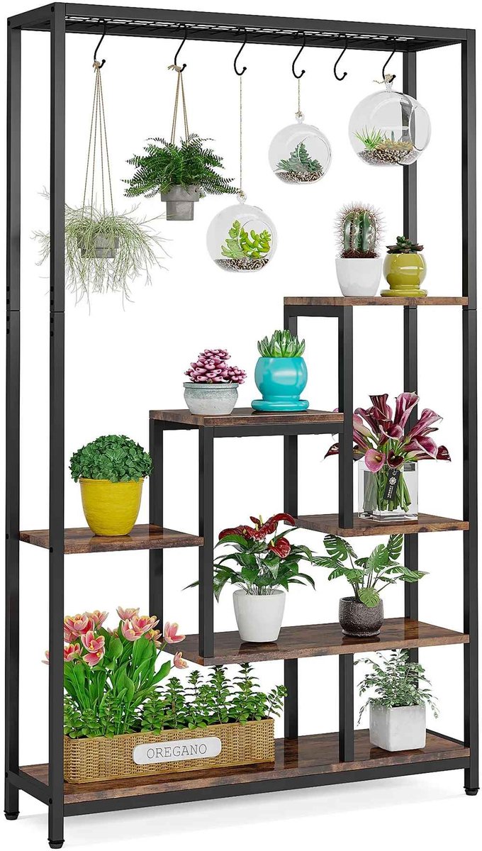 CORE Plantenkast - Plantenrek - Plantenstandaard - Plantenbak - Decoratieve kast met 5 niveaus - Ophanghaken - 100x30x180cm