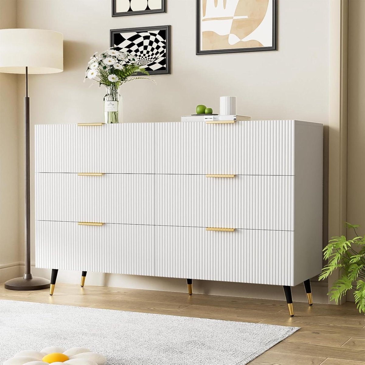 Dressoir – Ladekast – Opbergkast – Kast – Buffetkast – Modern Minimalistisch Ontwerp – 120x77x40 cm – 6 Ruime Lades – Wit Met Gouden Accenten