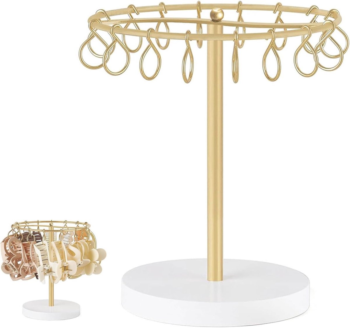 Haarclip Organiser met Draaibare Houten Basis en 16 Haakjes voor Haarclips, Sieraden en Brillen voor Vrouwen en Meisjes