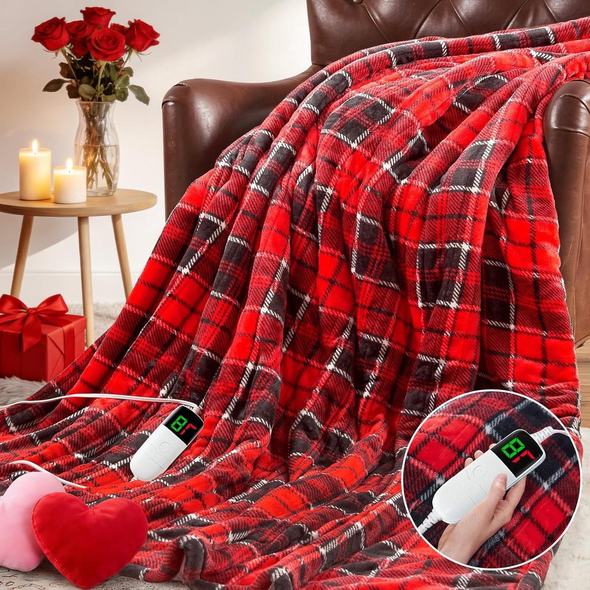 Elektrische deken - Verwarmde plaid - Gezellig opwarmen - 10 warmtestanden - 127 x 152 cm - Rood geruit