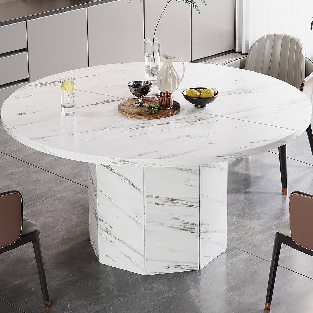 Ronde Eettafel 120 cm – Moderne Keukentafel voor 4-6 Personen met Marmerlook MDF Tafelblad en Achthoekige Metalen Basis – Design Eettafel voor Woonkamer en Eetkamer – Wit | HSH