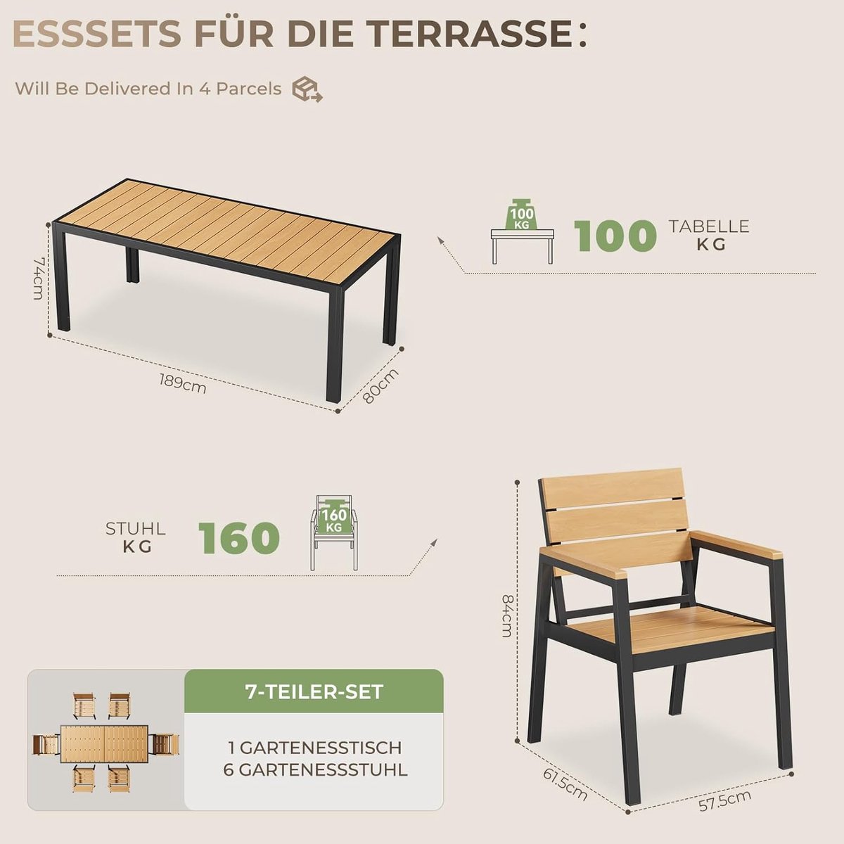 Tuinmeubelset 7-delig Aluminium 189 cm Tuintafel + 6 Tuinstoelen met Armleuningen – Houtlook/Teak Kleur Weerbestendig Onderhoudsvrij – Luxe Tuinset voor 6 Personen Terras Balkon Buiten – HomebyNicole