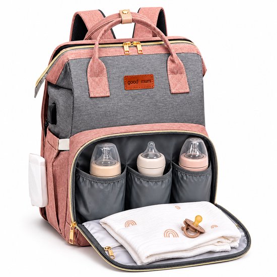 Eurocatch Luiertas rugzak met Babybed - Waterafstotend - Flessenhouder en Kinderwagenhaken - Isoleervak - BPA-vrij - Roze Grijs — afbeelding 3